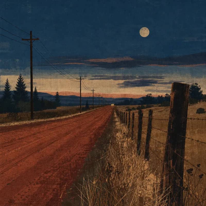 A red-clay country road at blue hour with distant headlights