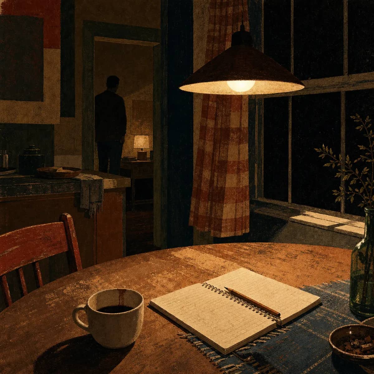 An old kitchen table after midnight with a notebook and a cup of coffee